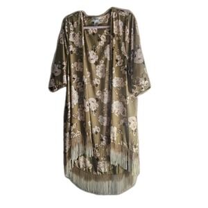 Boho Paisley Open Front Kimono Cardigan Olive Floral Flowy L Chic Versatile